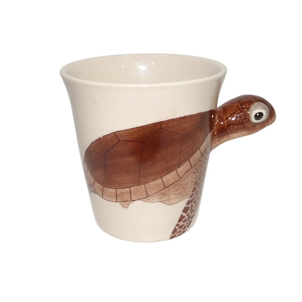 Hand Painted 3D Sea Turtle Ceramic Coffee Mug Brown Cream Thailand Artisan Cup